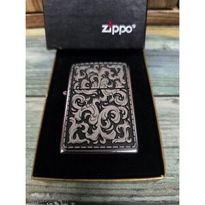 Zippo Lighter Marlboro Storming Scroll Design Silver Tone With Original Box